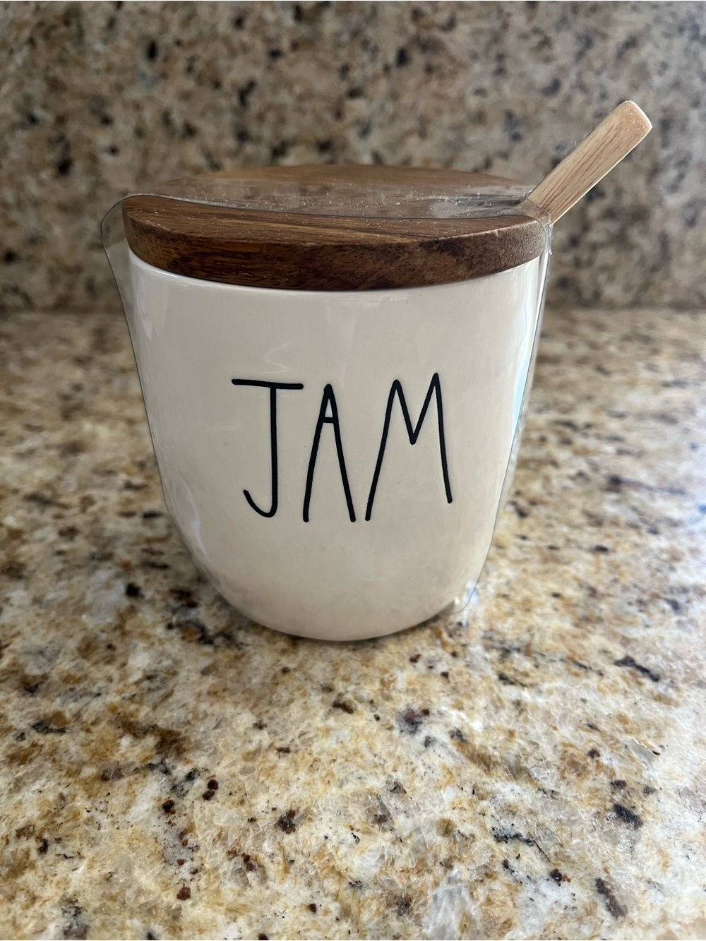 Rae Dunn White Ceramic JAM Jar with Wood Lid and Spoon